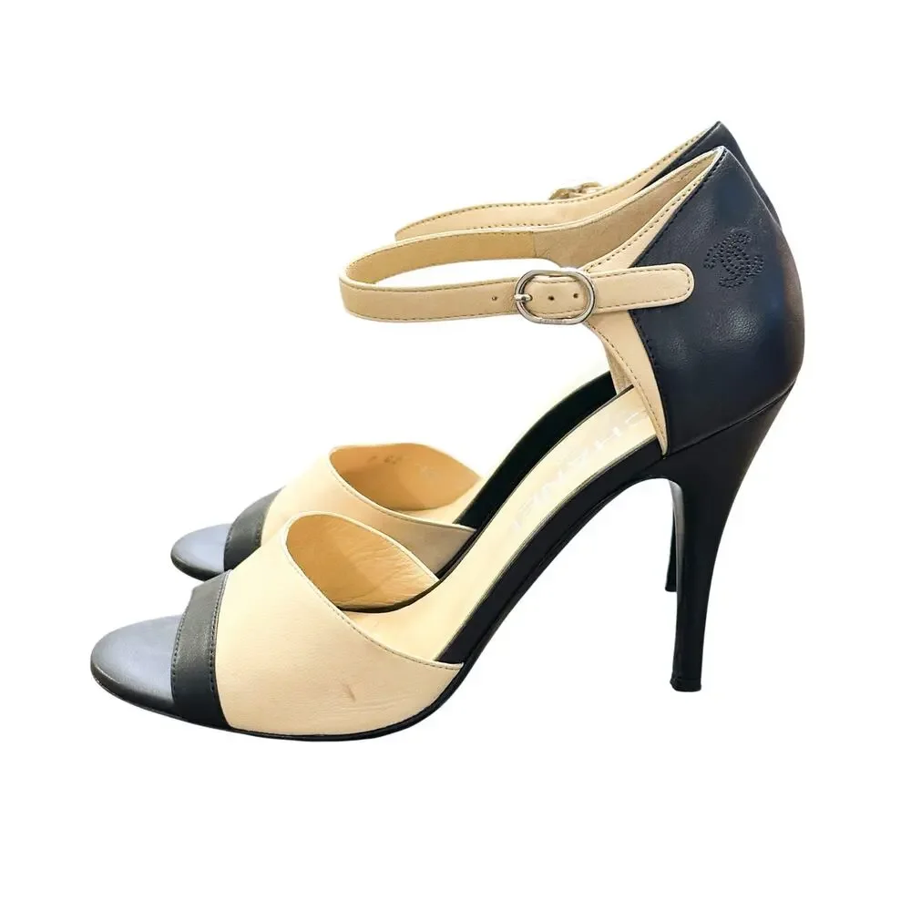 CHANEL Beige & Black Lambskin Open Toe Ankle Strap Heels Pumps Size 37.5